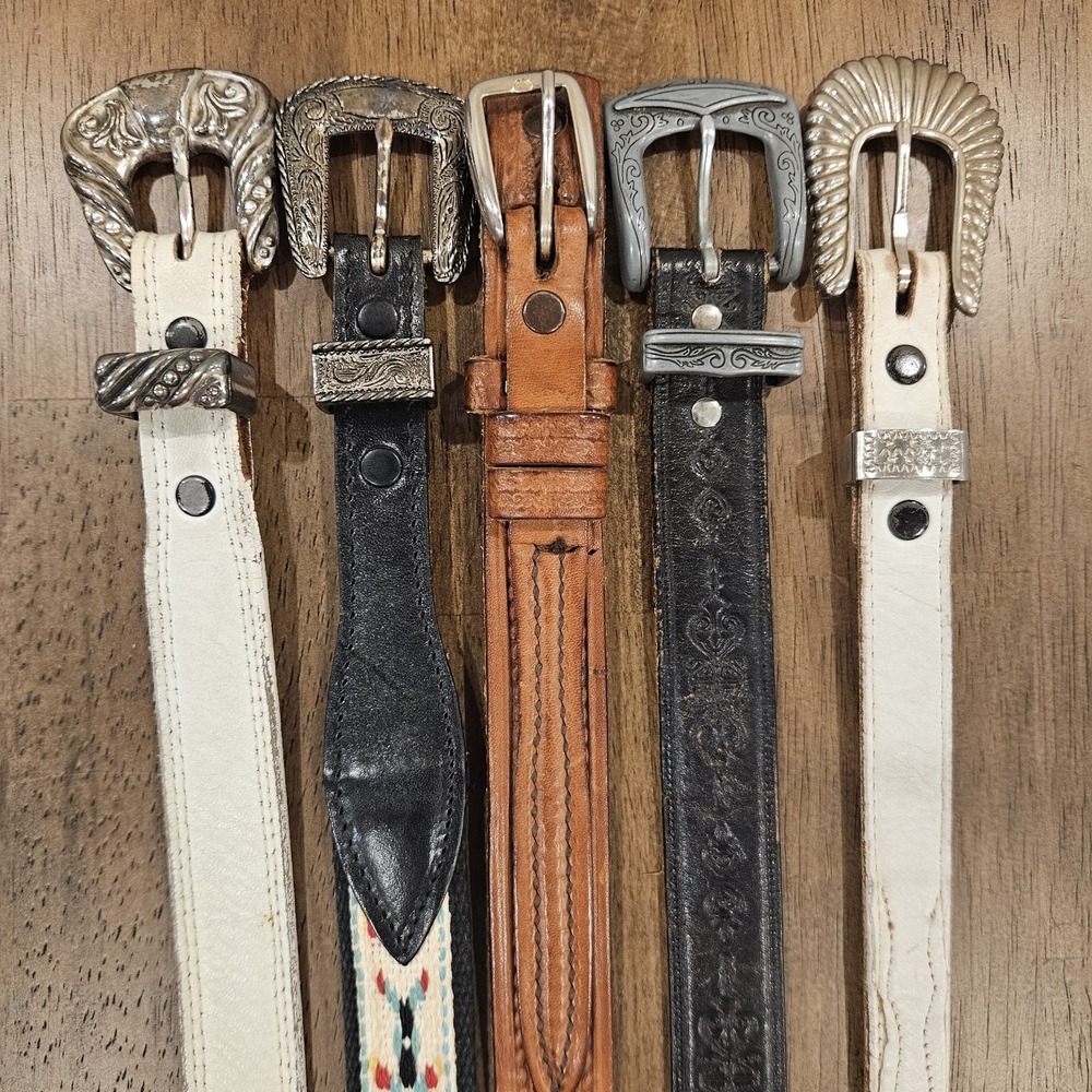Lot Of 5 Vintage Leather Belt Boho Western Studded Beaded Belts Bundle - Picture 2 of 15